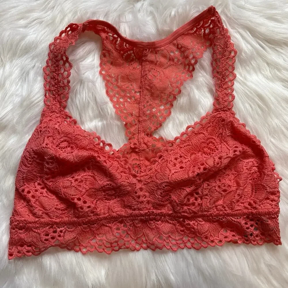 Aerie Coral Pink Lace Lightly Lined Racerback Bralette Size XL